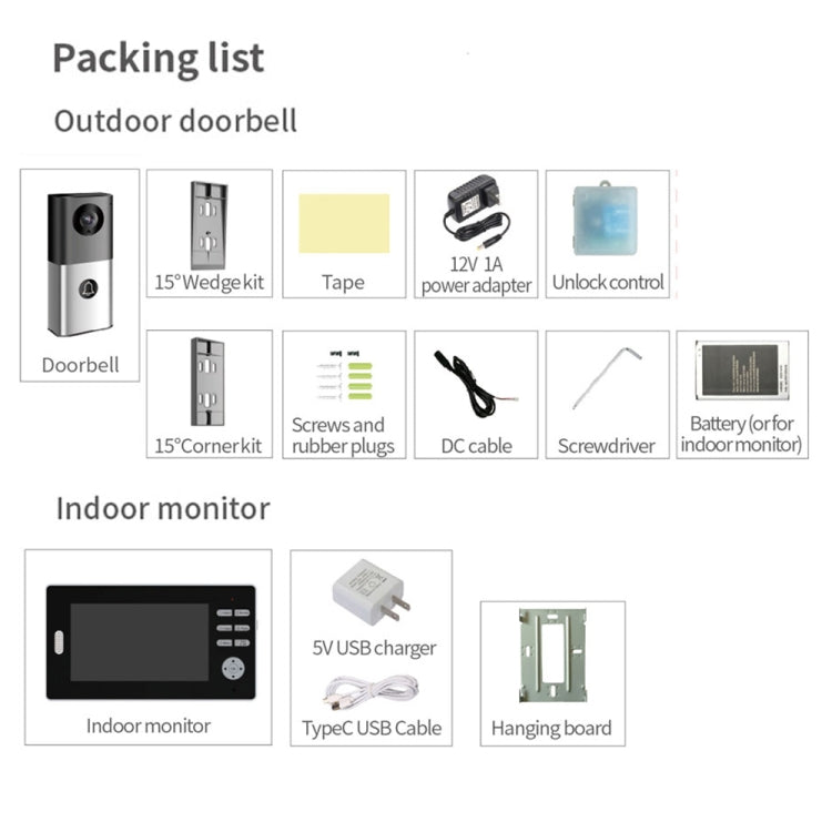 Wireless video doorbell accessories and indoor monitor contents in packing list