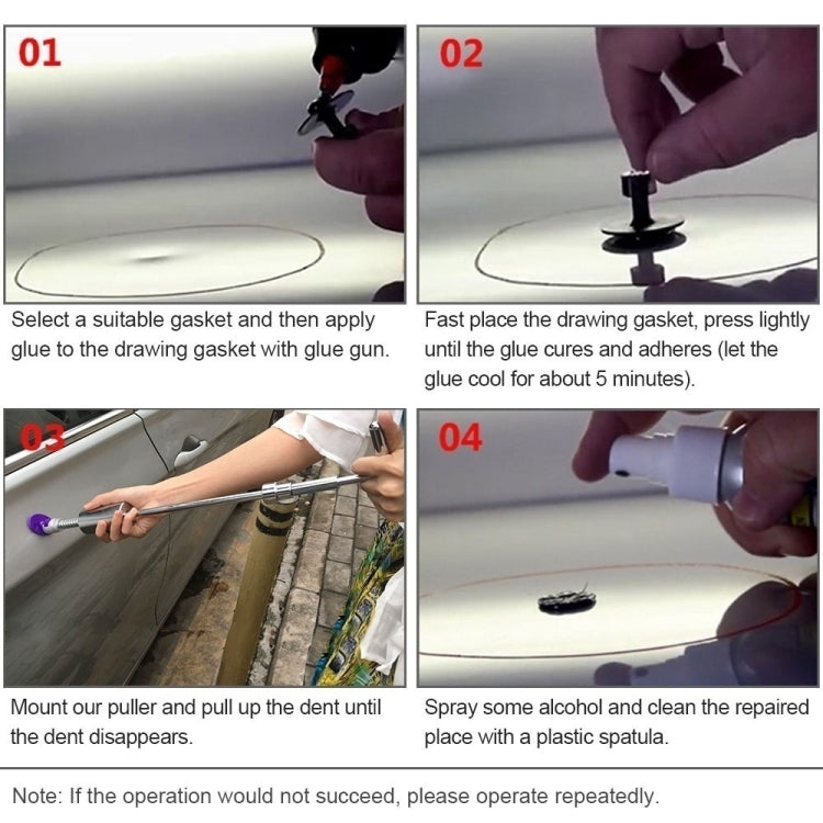 Paintless dent repair kit showing glue application and pulling tool use