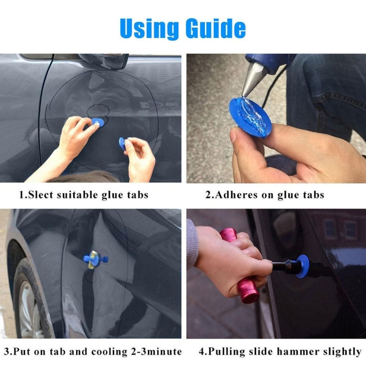 Dent puller kit in use on a car panel, glue tabs applied and pulled