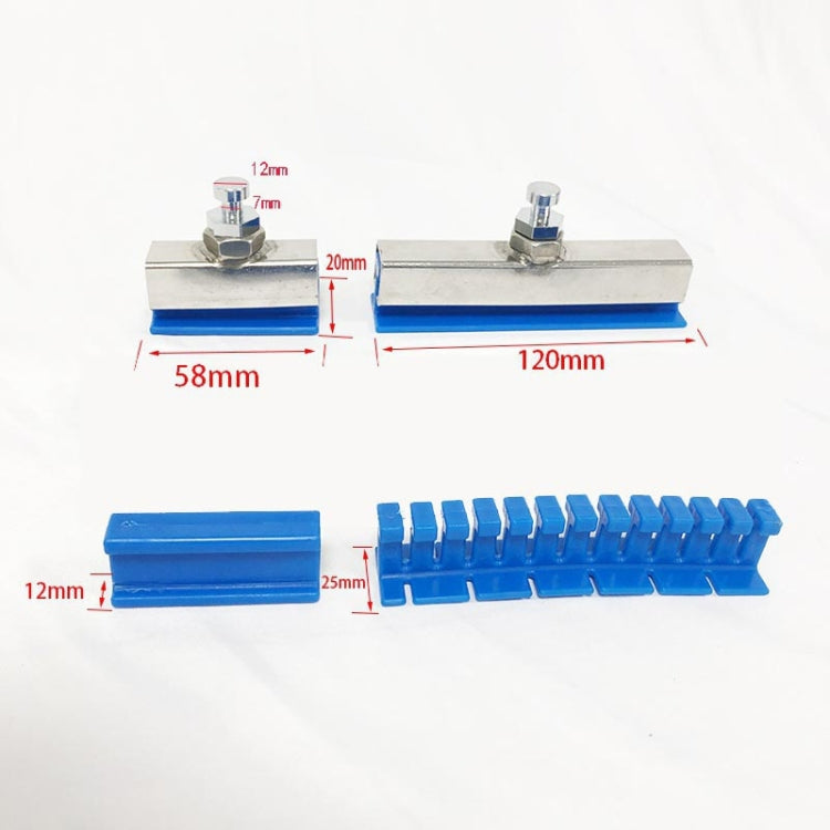 Blue pulling tabs and metal dent repair plates with measured sizes
