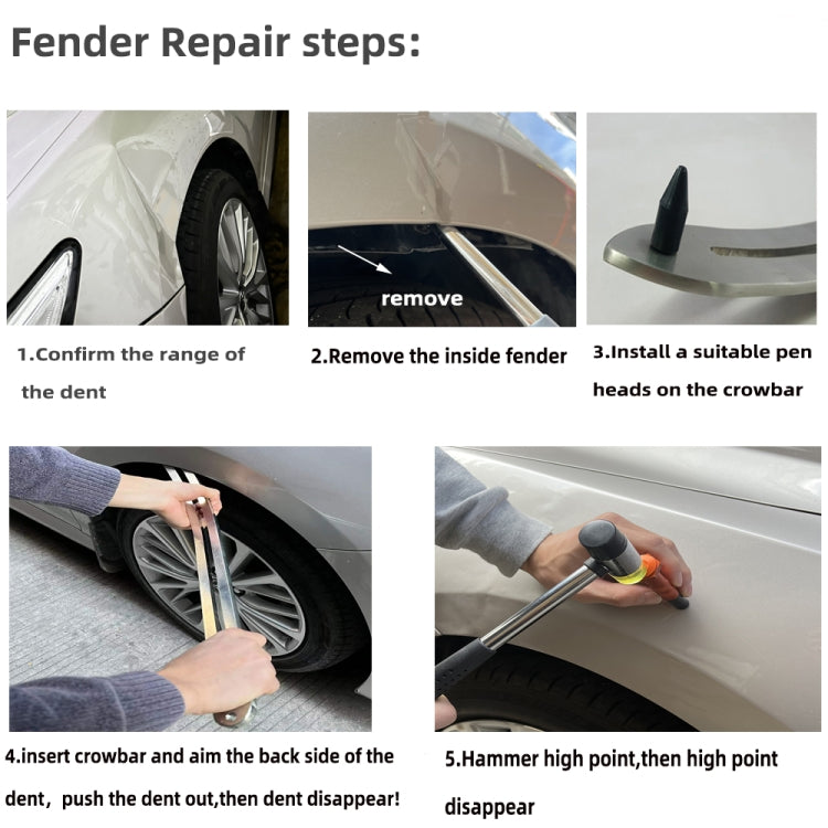 Fender dent repair kit steps: insert crowbar, aim behind dent, hammer to remove
