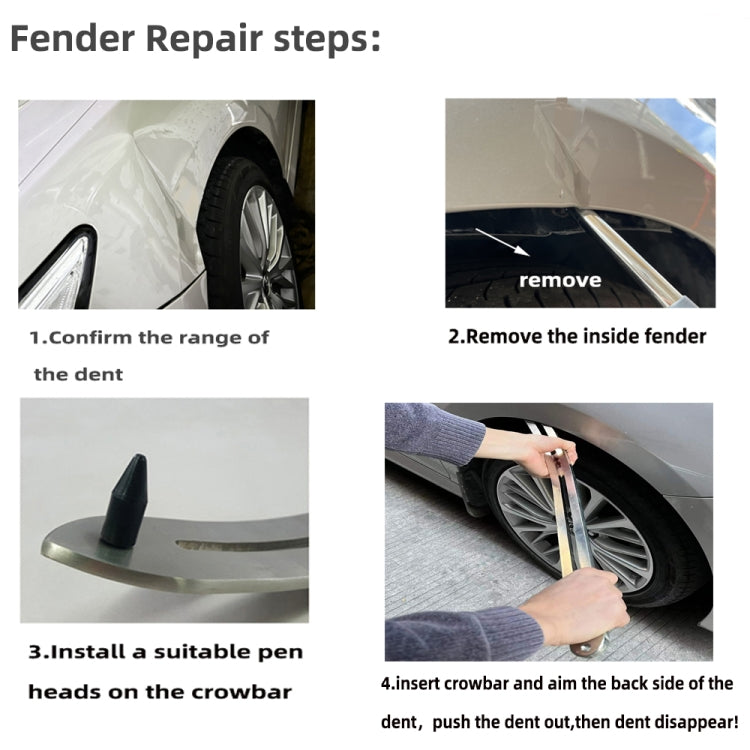 Fender dent repair instruction steps using a crowbar lifter on a wheel