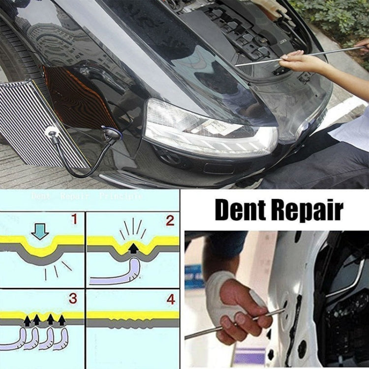 Paintless dent repair using hook rods on a car hood