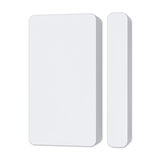 NEO Zigbee door and window sensor, white rectangular sensor with matching magnetic strip.