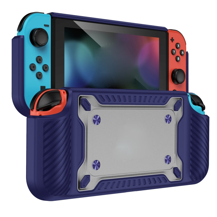Purple-blue protective gamepad case with textured grip, raised shockproof frame, cutouts