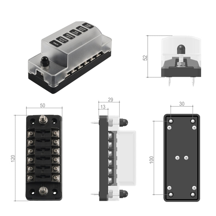 6-way fuse holder dimensional diagram with front, side, and back views