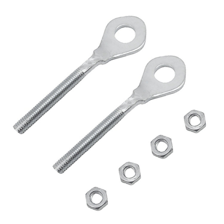 Two steel ATV chain tensioner guide bolts with eyelets and hex nuts