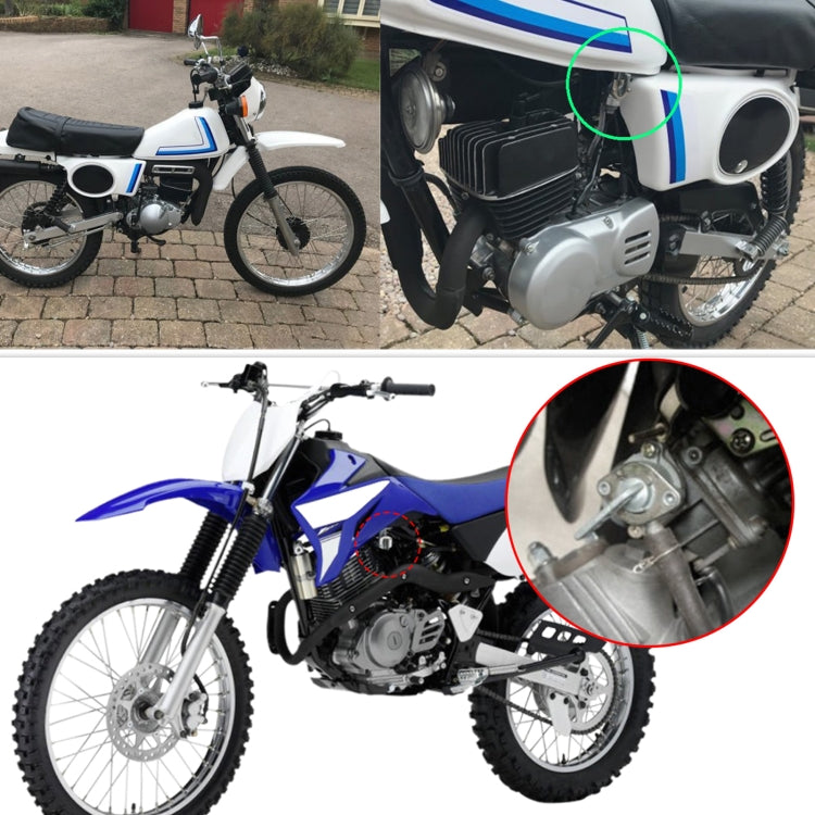 Motorcycle engine fuel tap area with installed fuel petcock valve and hose connection