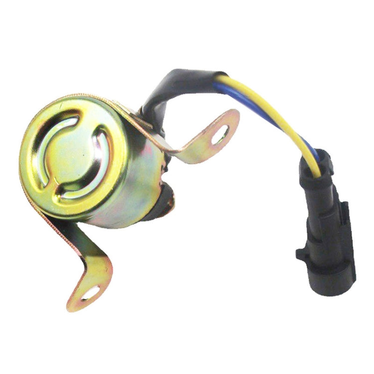 Electrical starter relay solenoid with yellow metal housing, bracket tabs, and wire lead