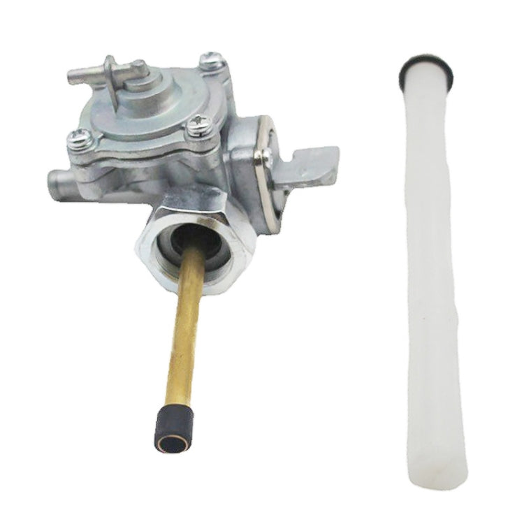 Motorcycle fuel petcock valve with fuel outlet port and long white hose, silver metal