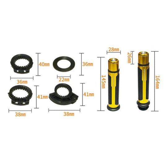 Motorcycle grip cover set, gold sleeves with black textured grip center and size guide