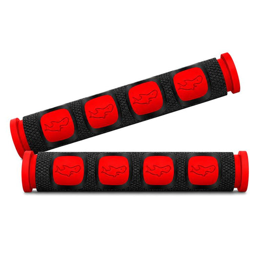 Red textured handlebar grip covers with red end caps and raised animal icon inserts (2 pcs)