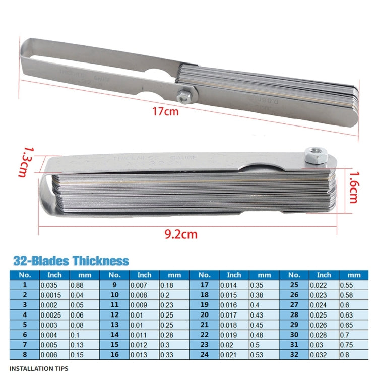 Spark plug feeler gauge blades with thickness size chart insert