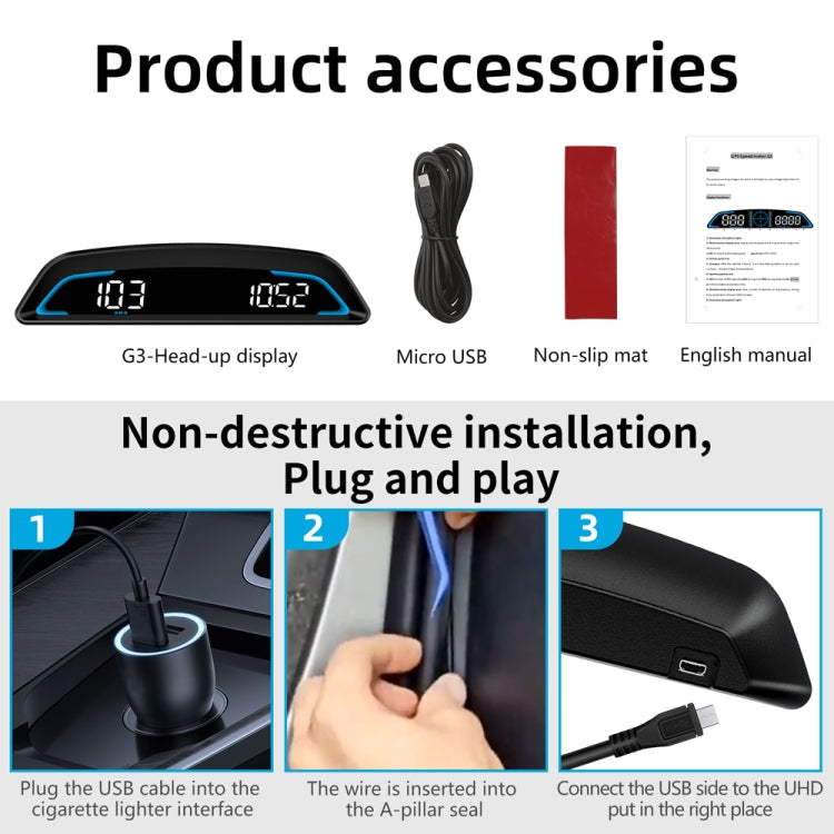 Car HUD head-up display kit with USB cable, non-slip mat, and user manual