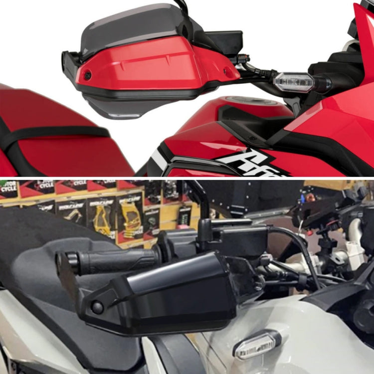 Black ABS hand guards mounted on motorcycle handlebars