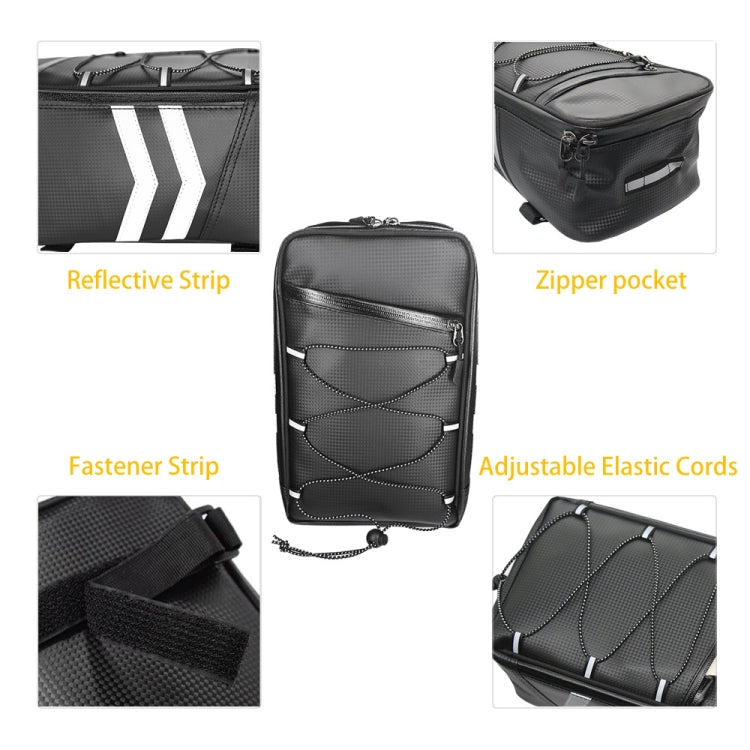 Black rear rack bag with reflective stripe, zipper pocket, and adjustable elastic cords