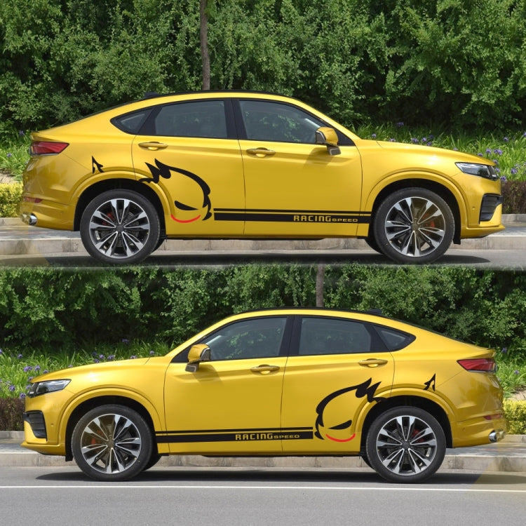 Yellow car side with evil rabbit decal on black racing stripes reading RACINGSPEED