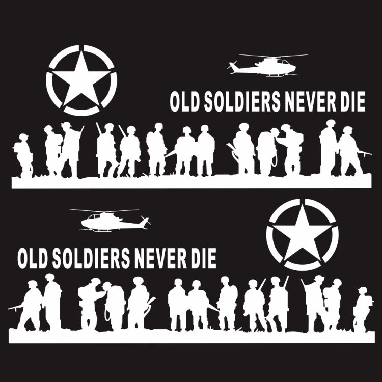 Car decal set with white soldier silhouettes, star emblems, helicopter, and 'Old Soldiers Never Die' text