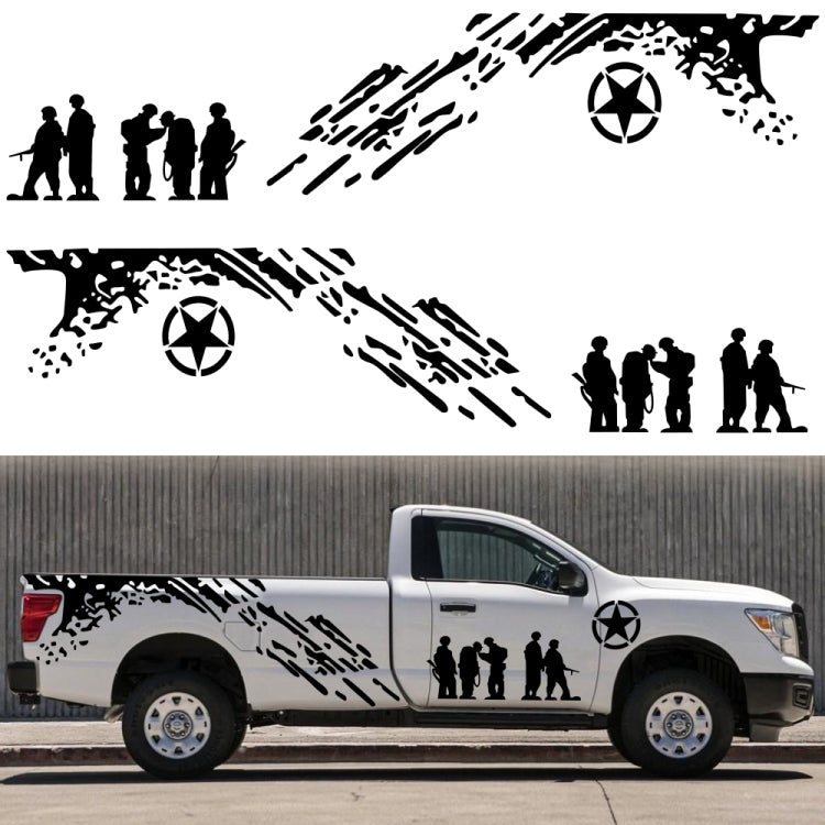 Car door decal set in black on white pickup truck, soldiers and star target on side