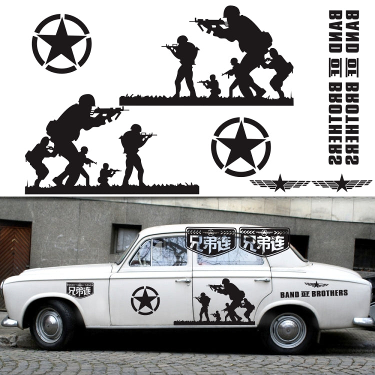 Black decal sticker set on a classic car with star emblem, soldier silhouettes, and small badges