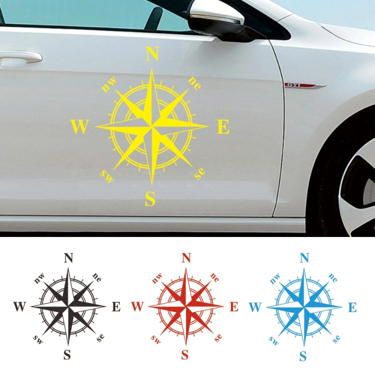 Multiple compass rose decals on car door: black, yellow, red, and blue N/E/S/W