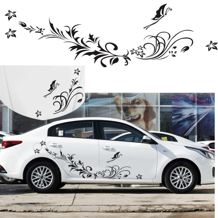 Car door decorative sticker with black butterfly and floral swirl pattern