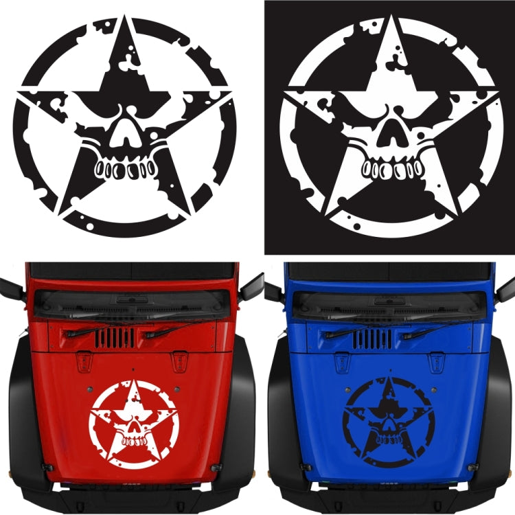 Star-and-skull hood decal stickers shown on red and blue vehicles, black emblem