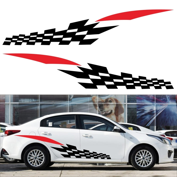 Car decal set on a white car door with checkered stripe design in black and red