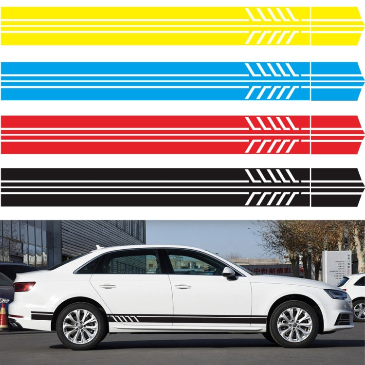 Car stripe decal set: yellow, blue, red, and black strips with applied example on white car