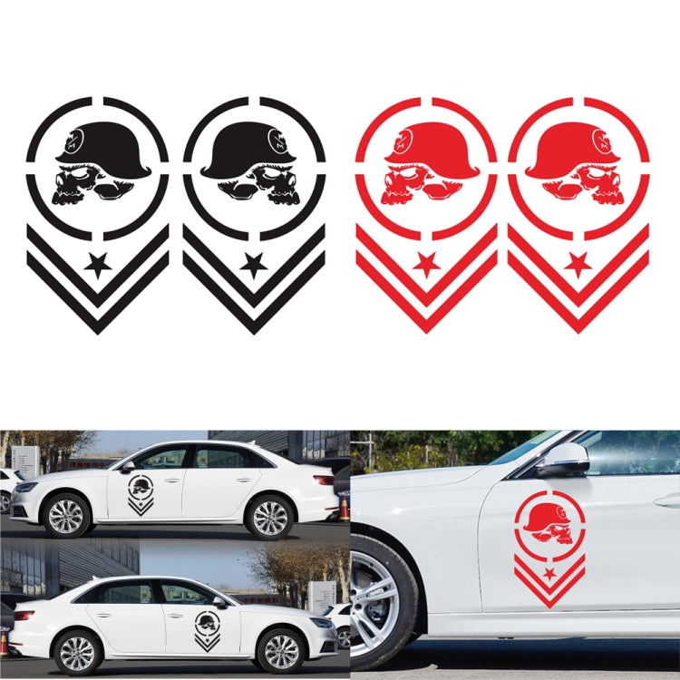 Skull-pattern emblem sticker set shown in black and red on cars, circular logo with chevrons