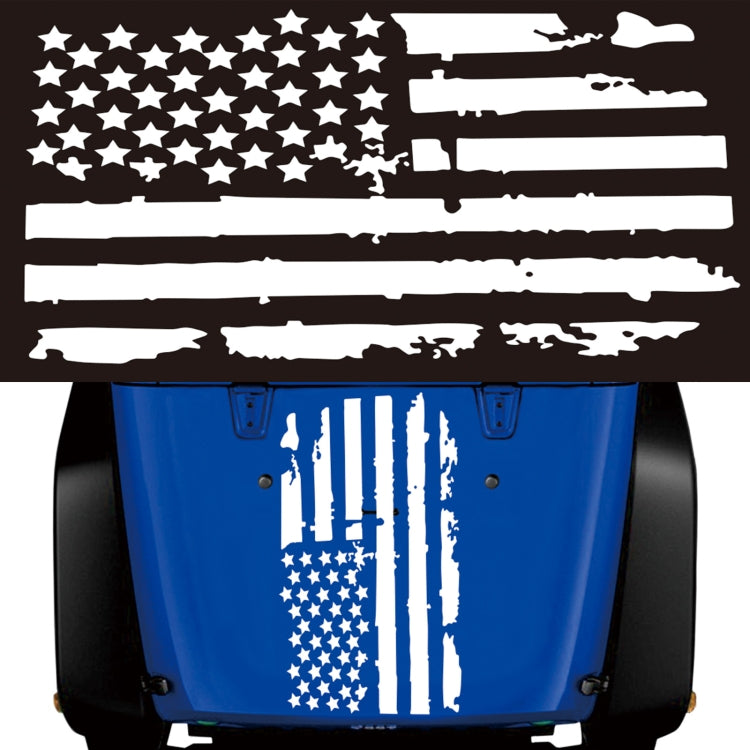 American flag car decorative sticker on blue front hood with stars and vertical stripes
