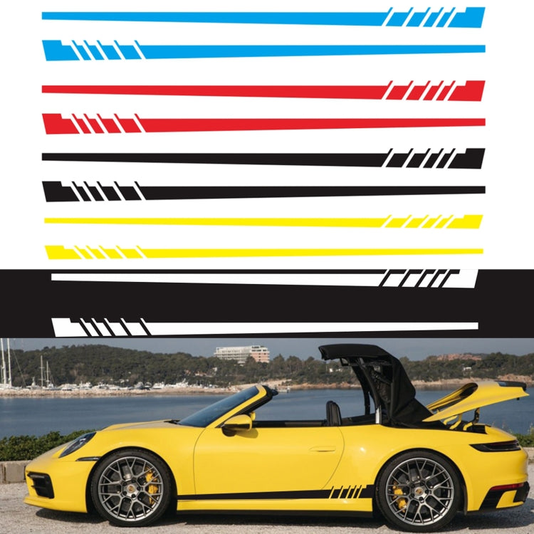 2-piece car stripe decal set with diagonal chevrons shown in blue, red, black, and yellow