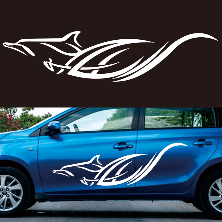 White animal-flame car side vinyl decal on blue door with tribal stripe