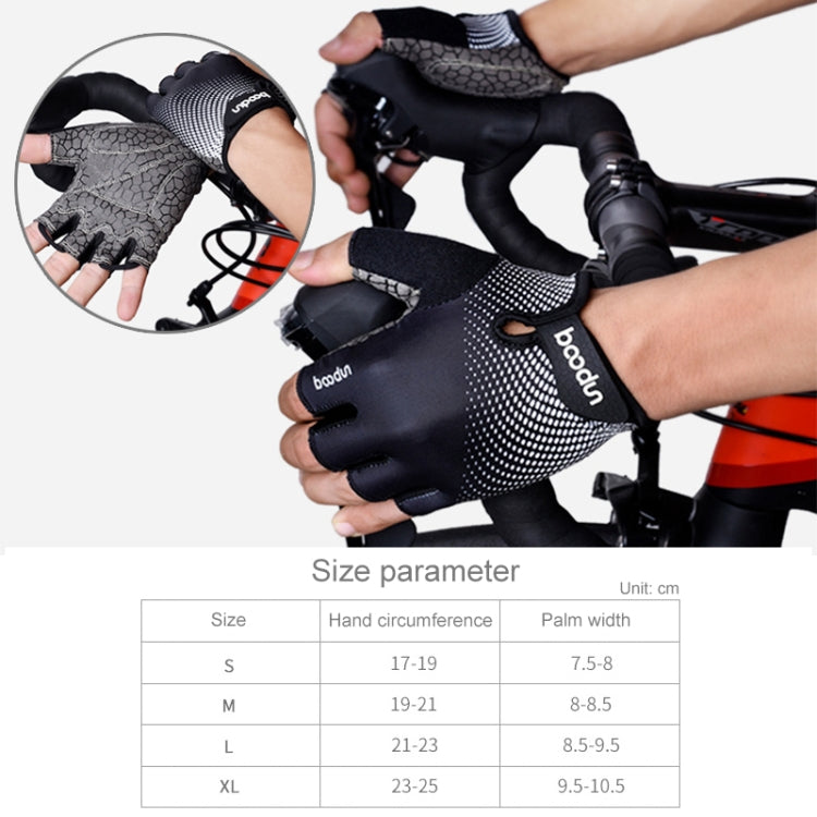 Non-slip fitness silicone gloves with size parameter table and black dotted grip