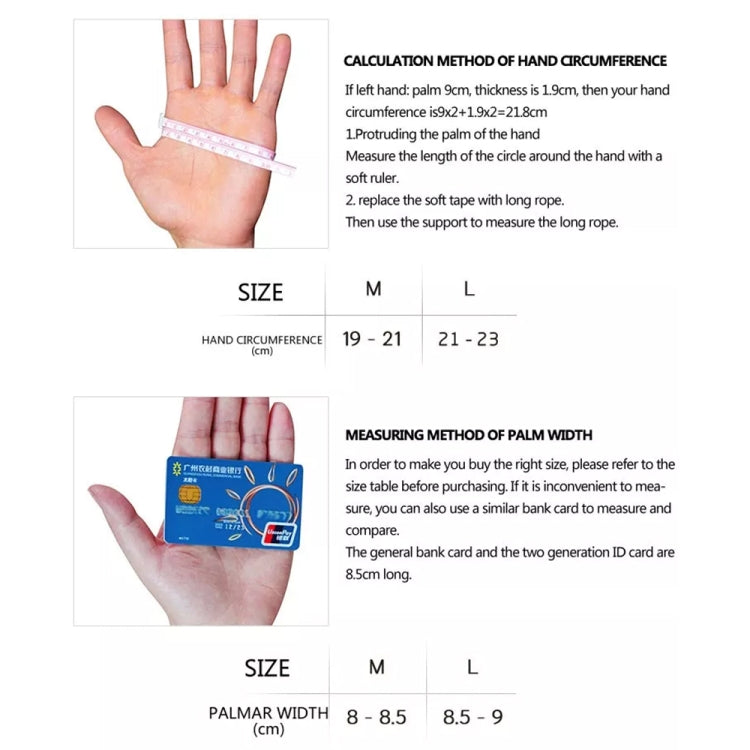 Glove size chart for three-finger pool gloves, hand circumference and palmar width