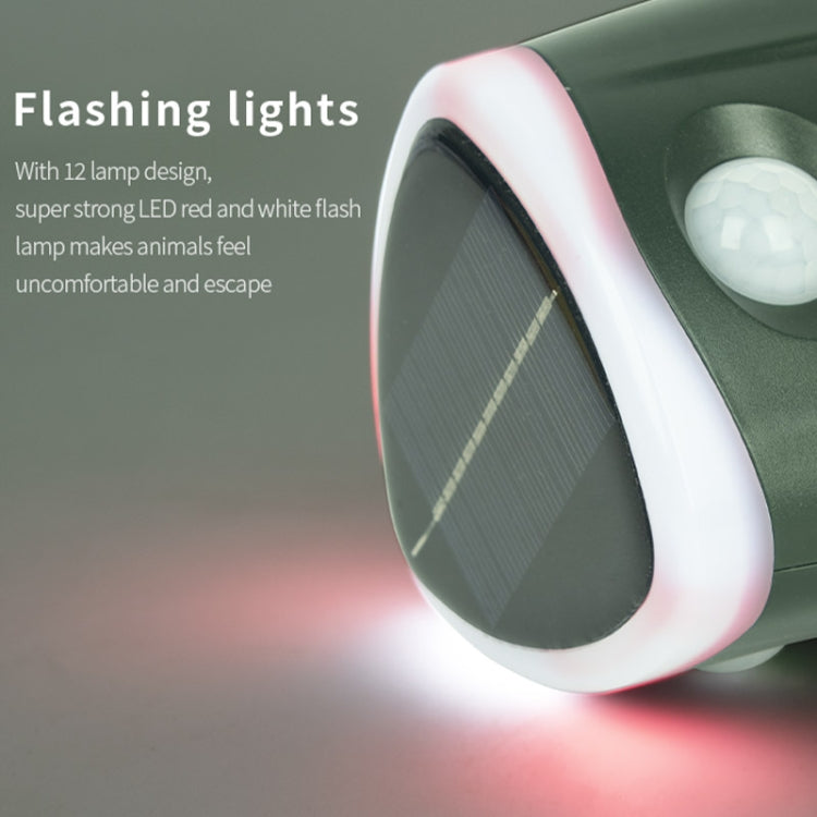 Close-up of solar animal repellent with red and white flashing light lens housing