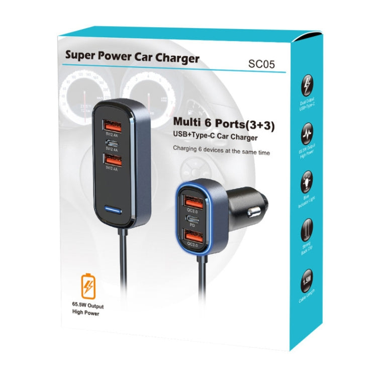 SC05 retail box featuring black and silver 6-port car charger set with cable