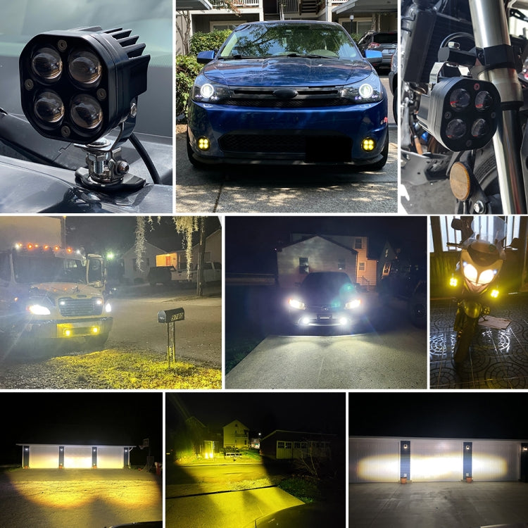 LED car spotlight installed on a vehicle, emitting bright yellow and white light