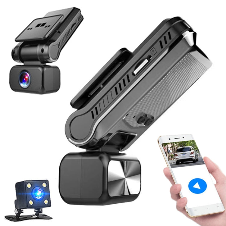 Dual-camera car dash cam with front lens and compact body, black