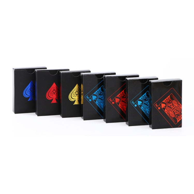 Plastic waterproof poker cards in boxes, black cases with blue, red, and gold suit icons.