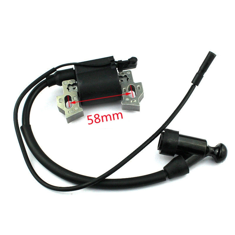 High-pressure ignition coil with black wires; 58mm mounting dimension shown