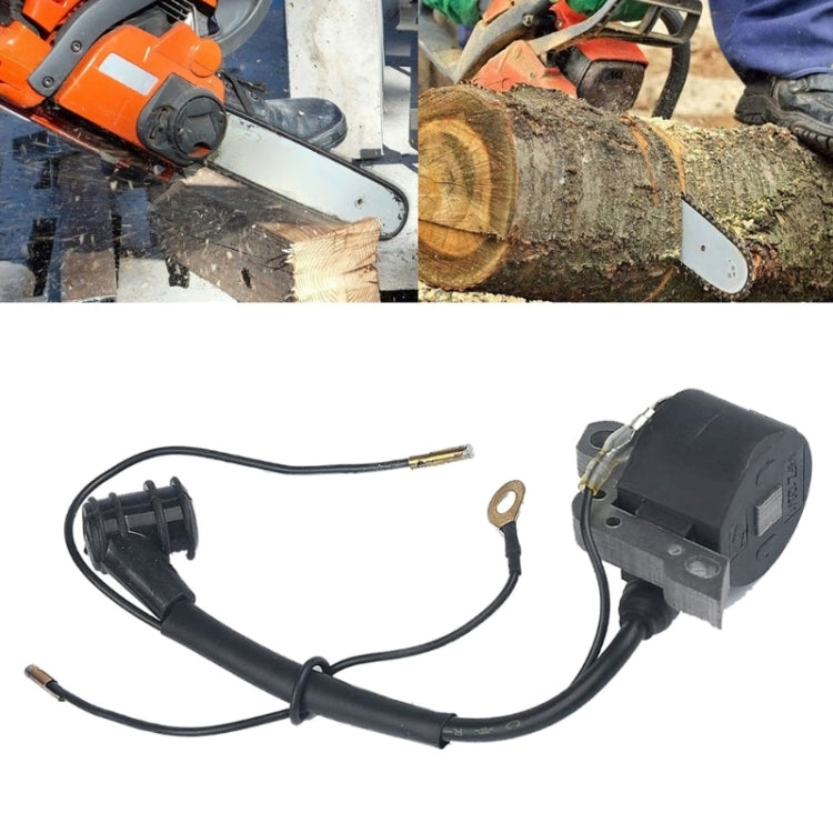 Ignition coil assembly with wiring leads and black ignition module, round mounting ring