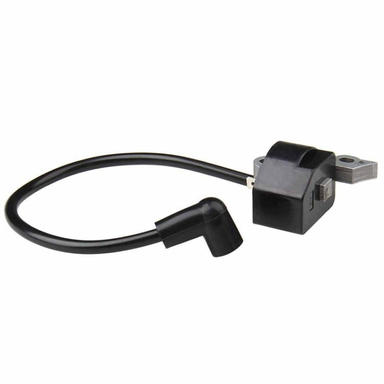 Ignition coil with black wire cable, spark plug boot, and metal mounting block