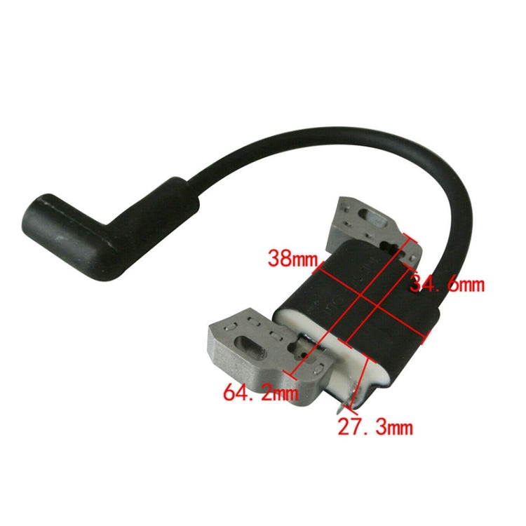 Ignition coil with black wire and metal terminals; labeled mounting dimensions shown