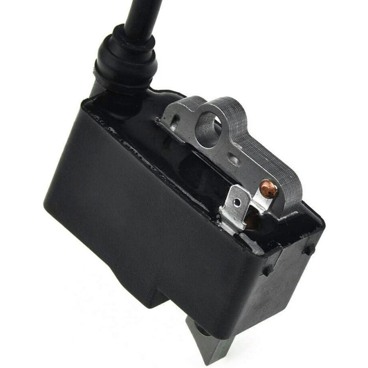 Ignition coil module close-up with black housing, mounting bracket, and terminal