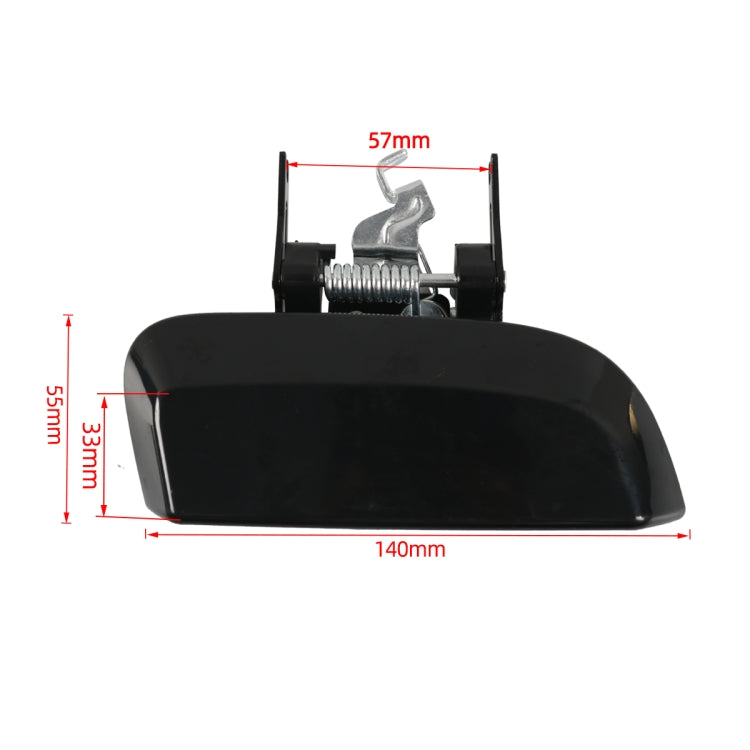 Black exterior left rear door handle dimensions: 140mm wide, 57mm high, 55mm deep
