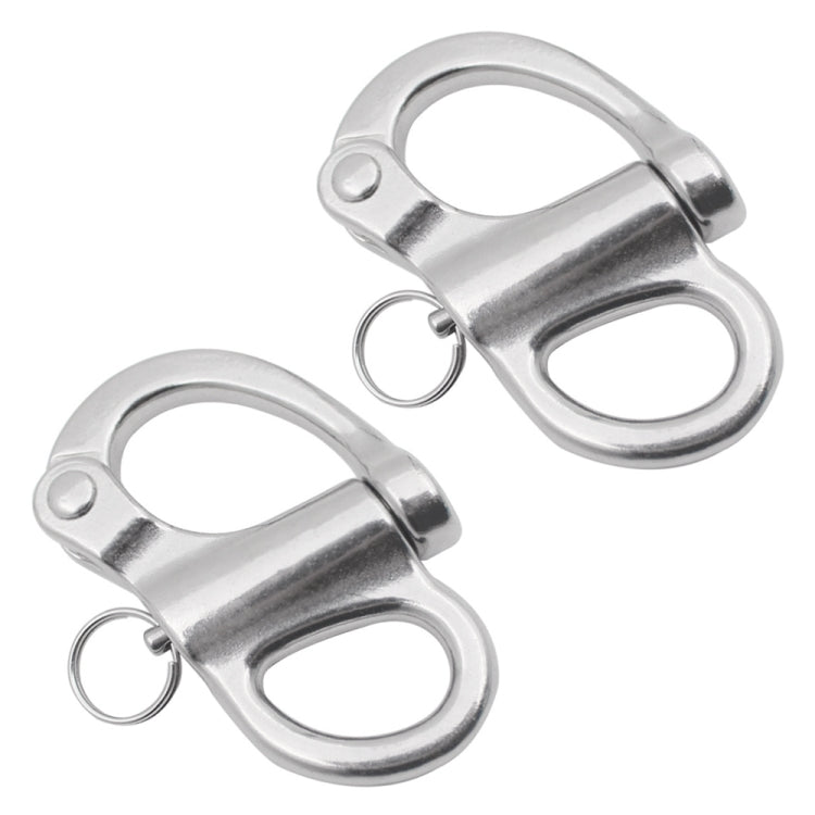 Two fixed stainless steel spring shackles with oval eyes and circular retention rings