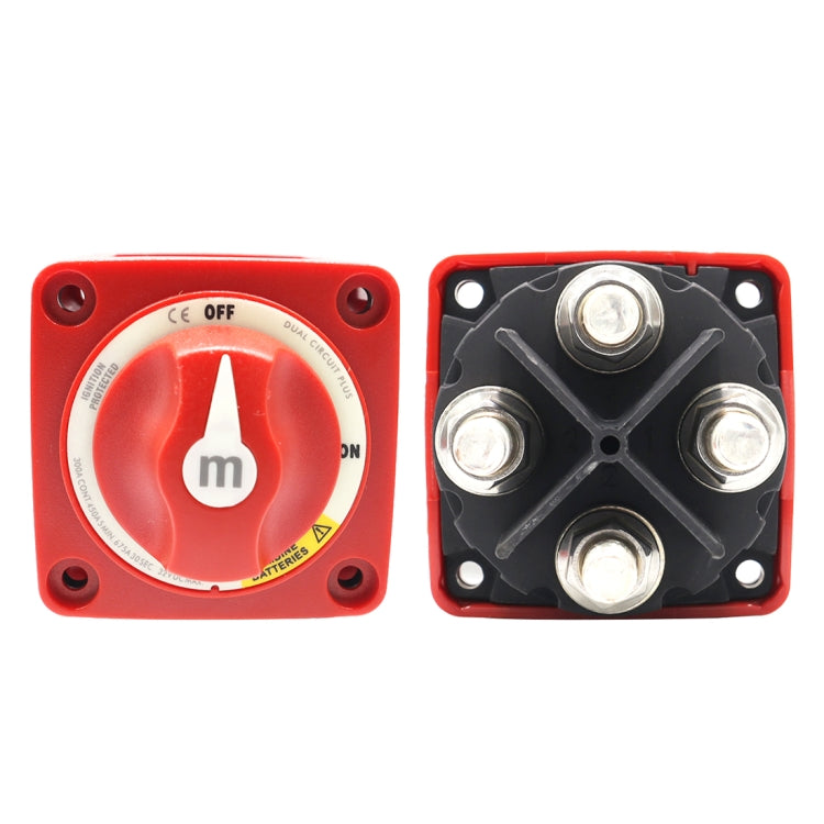 Battery power off switch with red housing and black terminal plate, four studs