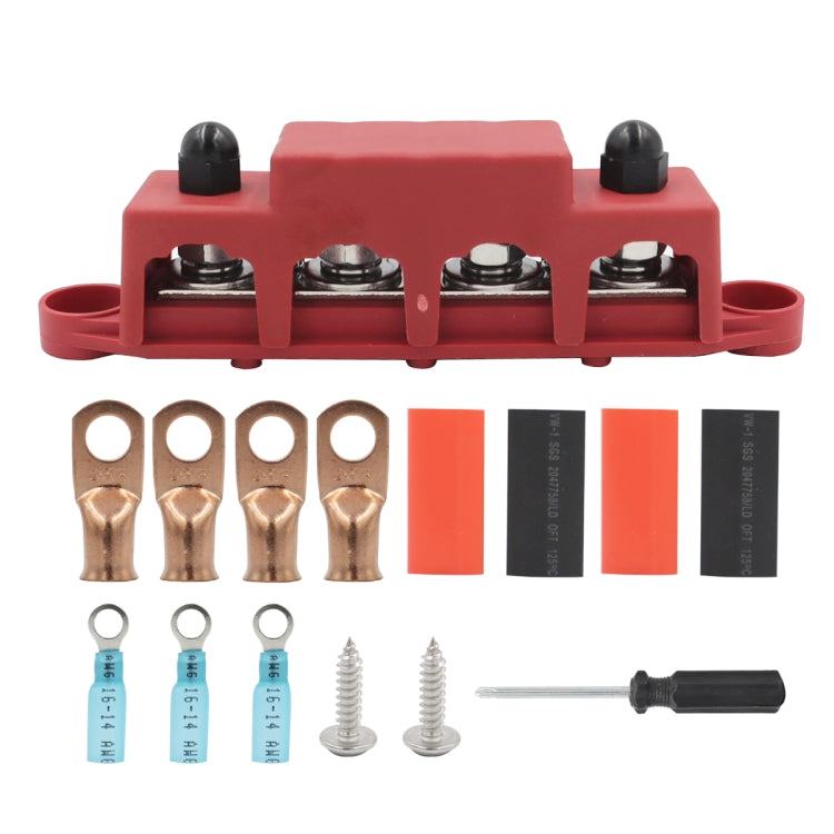 Red 4-port power distribution terminal block kit with copper lugs and mounting accessories