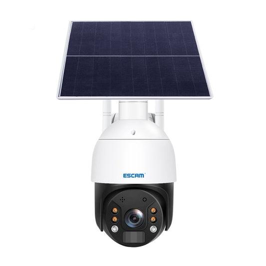 ESCAM solar-powered security camera with white housing and dark rotating lens unit